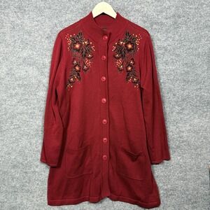 Bob Mackie Wearable Art XL Long Cardigan Red Cotton Blend Embroidered Holiday